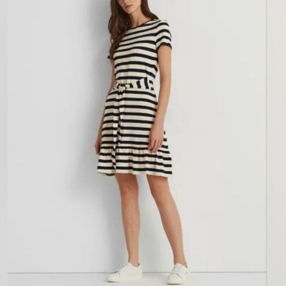 Lauren Ralph Lauren Casual Striped Cream & Blue Knit Ruffle Belt Dress Size 14